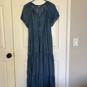 Blue Sky Denim-Style Tiered Maxi Dress in Medium Blue
